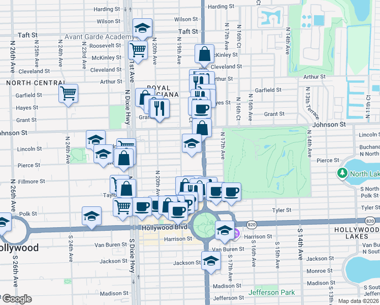 map of restaurants, bars, coffee shops, grocery stores, and more near 856 North 19th Avenue in Hollywood