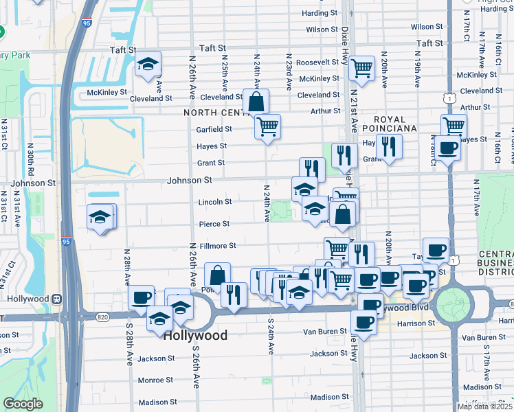 map of restaurants, bars, coffee shops, grocery stores, and more near 2413 Lincoln Street in Hollywood