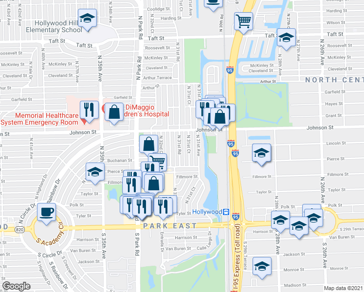 map of restaurants, bars, coffee shops, grocery stores, and more near 806 North 31st Road in Hollywood
