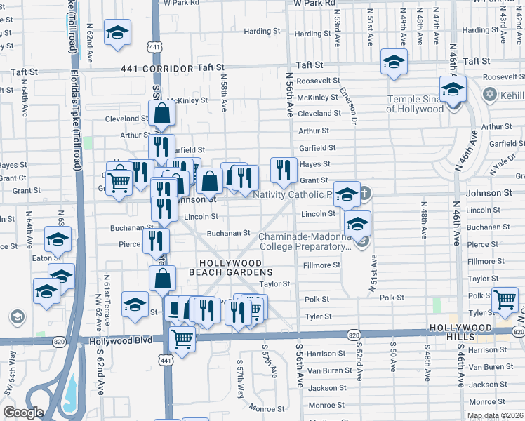 map of restaurants, bars, coffee shops, grocery stores, and more near 5700 Johnson Street in Hollywood