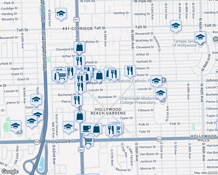 map of restaurants, bars, coffee shops, grocery stores, and more near in Hollywood