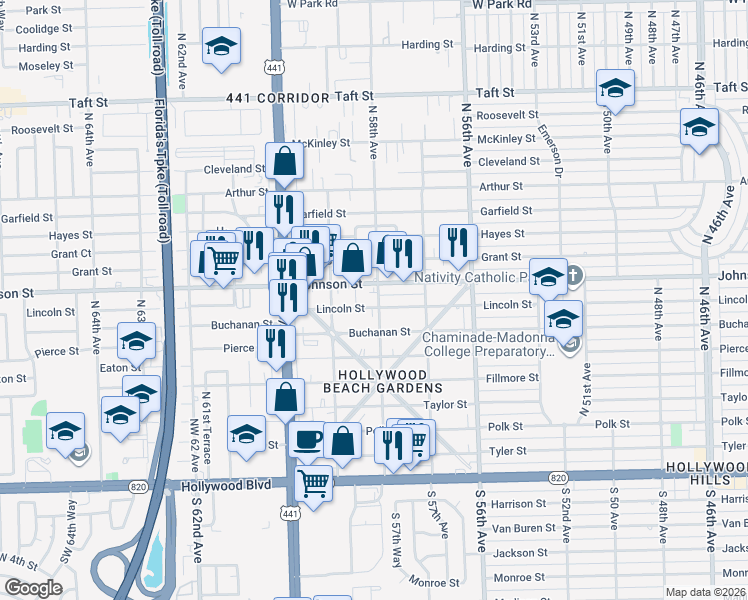 map of restaurants, bars, coffee shops, grocery stores, and more near in Hollywood