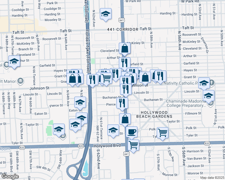map of restaurants, bars, coffee shops, grocery stores, and more near 6057 Johnson Street in Hollywood
