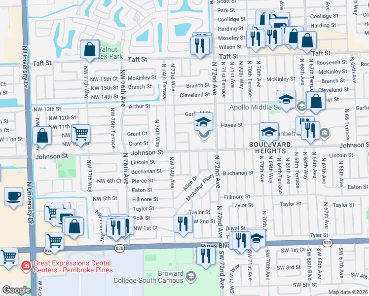 map of restaurants, bars, coffee shops, grocery stores, and more near 7310 Grant Street in Hollywood