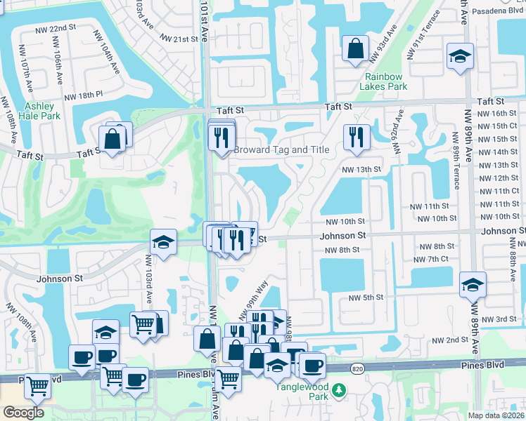 map of restaurants, bars, coffee shops, grocery stores, and more near 1177 Northwest 98th Terrace in Pembroke Pines