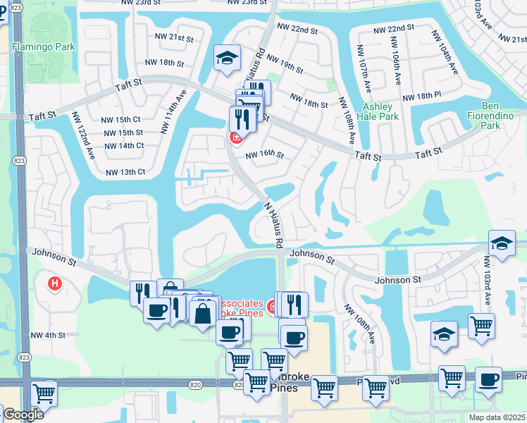map of restaurants, bars, coffee shops, grocery stores, and more near 11210 Northwest 14th Court in Pembroke Pines