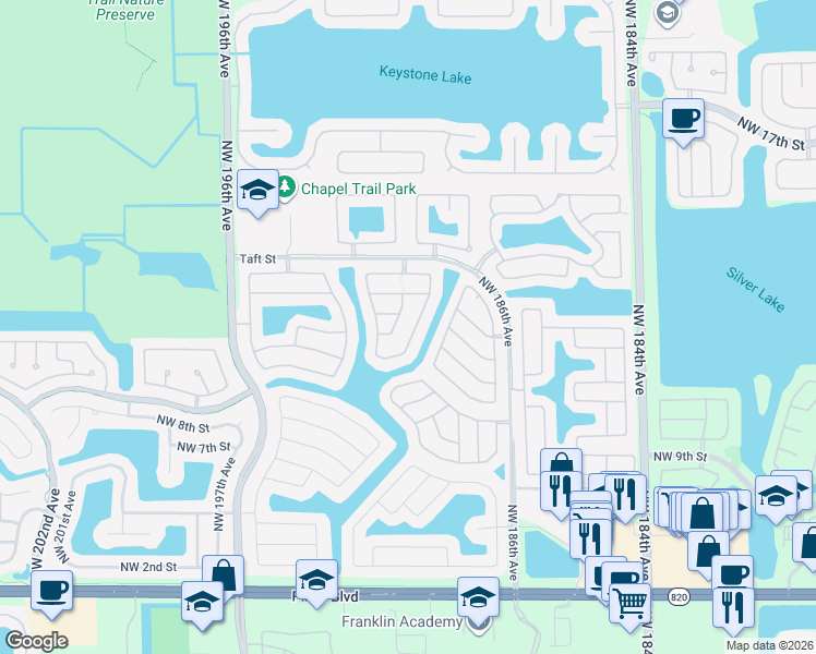 map of restaurants, bars, coffee shops, grocery stores, and more near 1273 Northwest 192nd Terrace in Pembroke Pines
