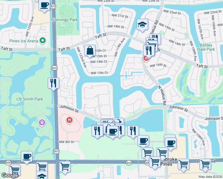 map of restaurants, bars, coffee shops, grocery stores, and more near 11810 Northwest 13th Street in Pembroke Pines