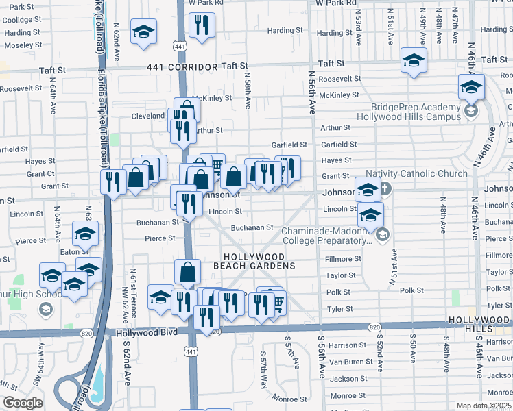 map of restaurants, bars, coffee shops, grocery stores, and more near in Hollywood