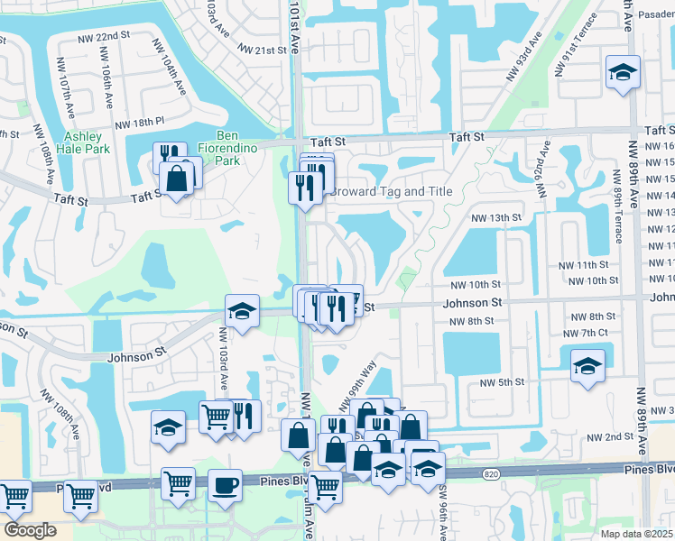map of restaurants, bars, coffee shops, grocery stores, and more near 1241 Northwest 99th Terrace in Pembroke Pines