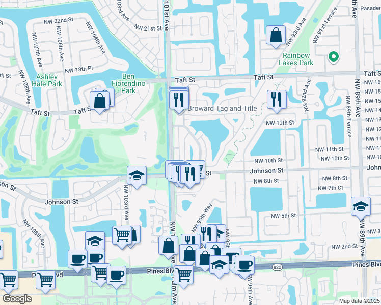 map of restaurants, bars, coffee shops, grocery stores, and more near 1241 Northwest 99th Terrace in Pembroke Pines