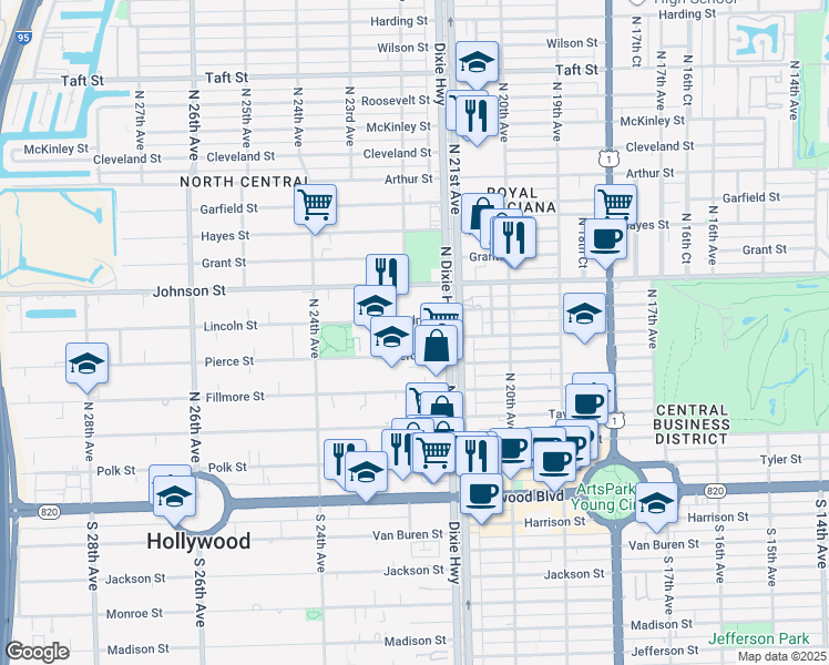 map of restaurants, bars, coffee shops, grocery stores, and more near 2144 Lincoln Street in Hollywood