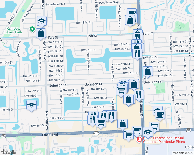 map of restaurants, bars, coffee shops, grocery stores, and more near 8490 Northwest 11th Street in Pembroke Pines