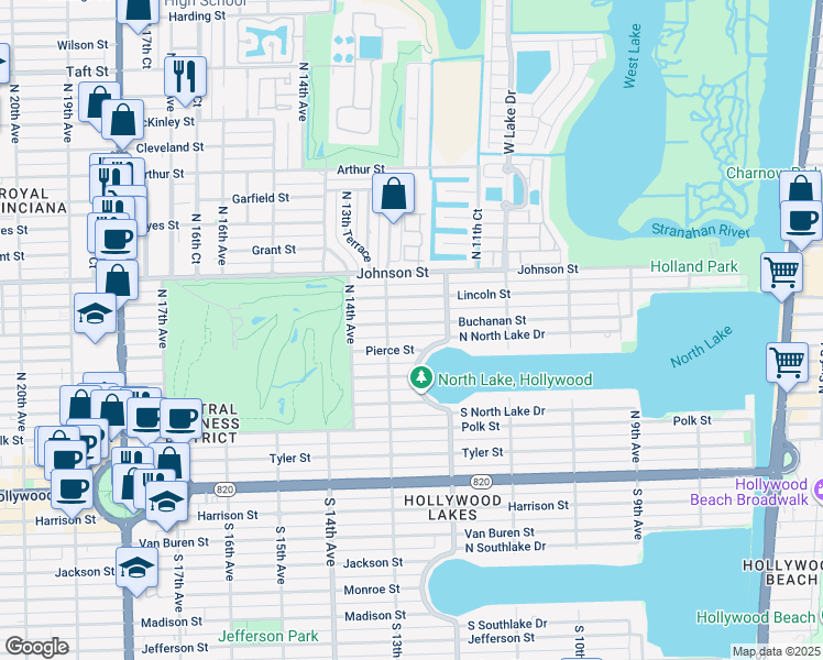 map of restaurants, bars, coffee shops, grocery stores, and more near 1223 Buchanan Street in Hollywood