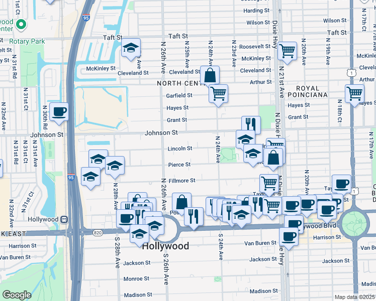 map of restaurants, bars, coffee shops, grocery stores, and more near 2466 Lincoln Street in Hollywood