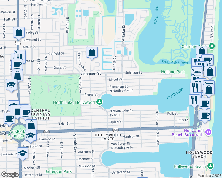 map of restaurants, bars, coffee shops, grocery stores, and more near 1147 Buchanan Street in Hollywood