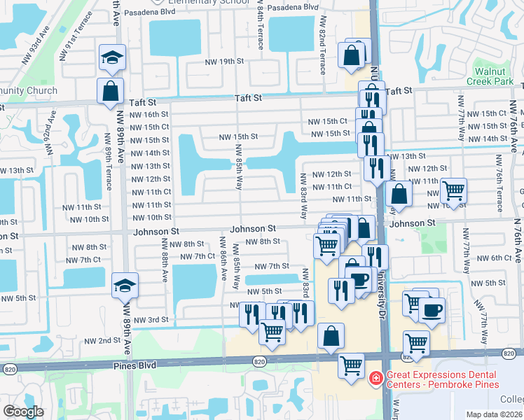 map of restaurants, bars, coffee shops, grocery stores, and more near 8490 Northwest 11th Street in Pembroke Pines