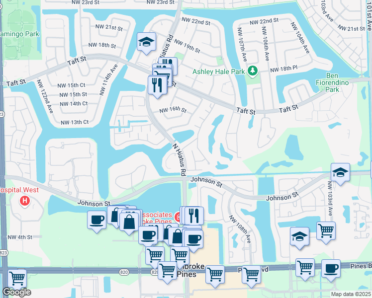 map of restaurants, bars, coffee shops, grocery stores, and more near 11121 North Lakeview Drive in Pembroke Pines