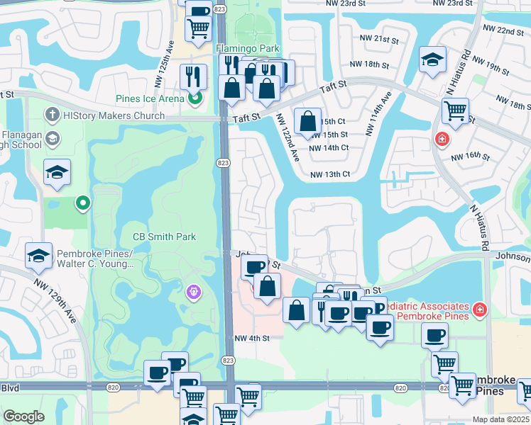 map of restaurants, bars, coffee shops, grocery stores, and more near 1224 Northwest 122nd Terrace in Pembroke Pines