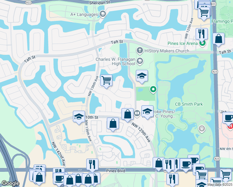 map of restaurants, bars, coffee shops, grocery stores, and more near 1303 Northwest 133rd Avenue in Pembroke Pines