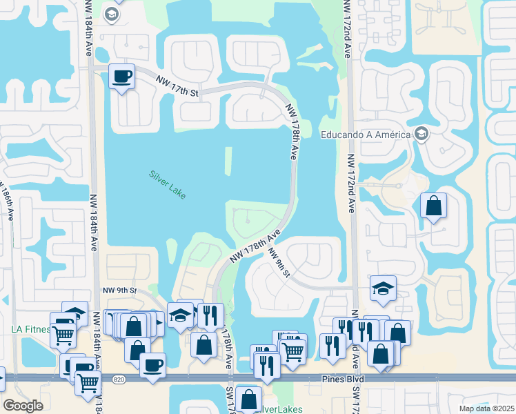 map of restaurants, bars, coffee shops, grocery stores, and more near 17837 Northwest 15th Street in Pembroke Pines