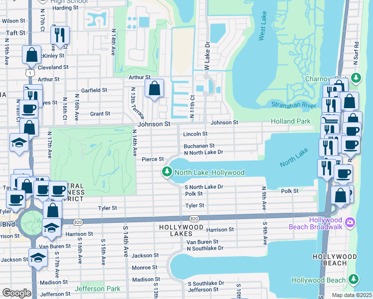 map of restaurants, bars, coffee shops, grocery stores, and more near 1147 Buchanan Street in Hollywood