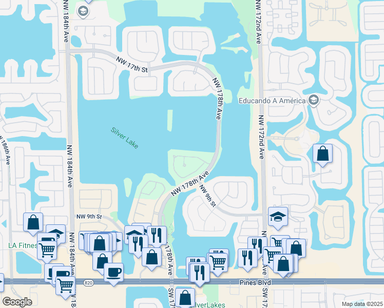 map of restaurants, bars, coffee shops, grocery stores, and more near 17837 Northwest 15th Street in Pembroke Pines