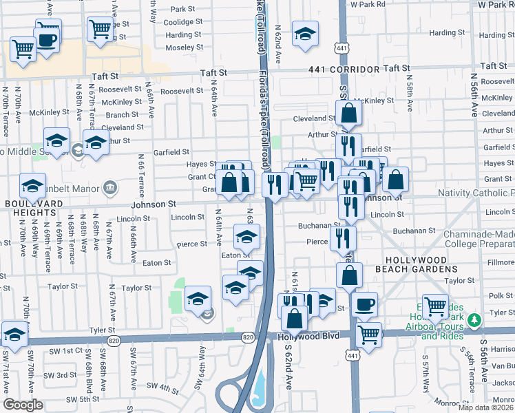 map of restaurants, bars, coffee shops, grocery stores, and more near in Hollywood