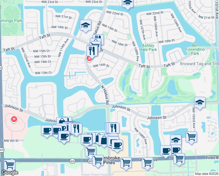 map of restaurants, bars, coffee shops, grocery stores, and more near 11121 North Lakeview Drive in Pembroke Pines