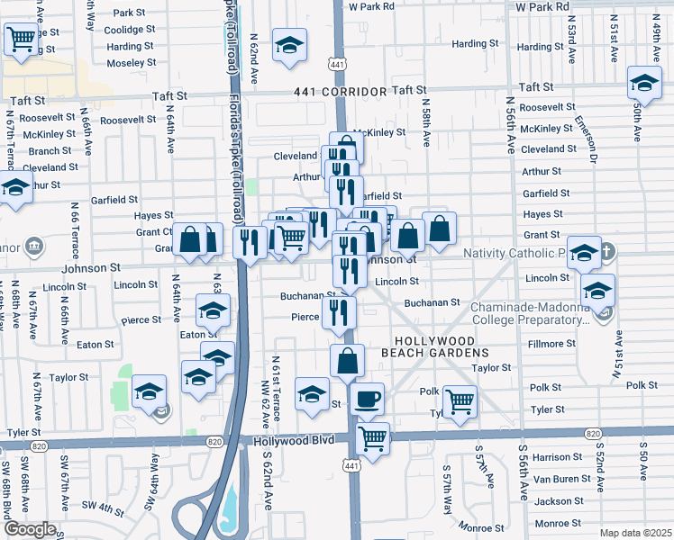 map of restaurants, bars, coffee shops, grocery stores, and more near 809 North State Road 7 in Hollywood