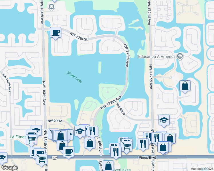 map of restaurants, bars, coffee shops, grocery stores, and more near 17837 Northwest 15th Street in Pembroke Pines