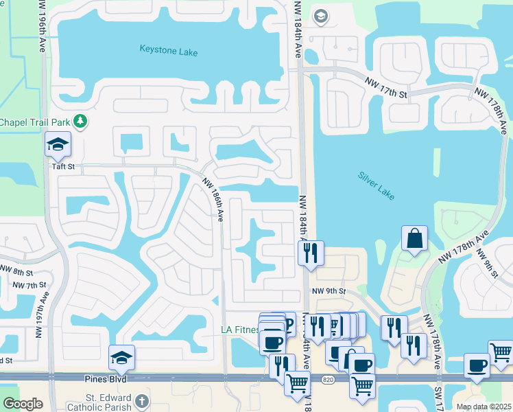 map of restaurants, bars, coffee shops, grocery stores, and more near 18441 Northwest 13th Street in Pembroke Pines