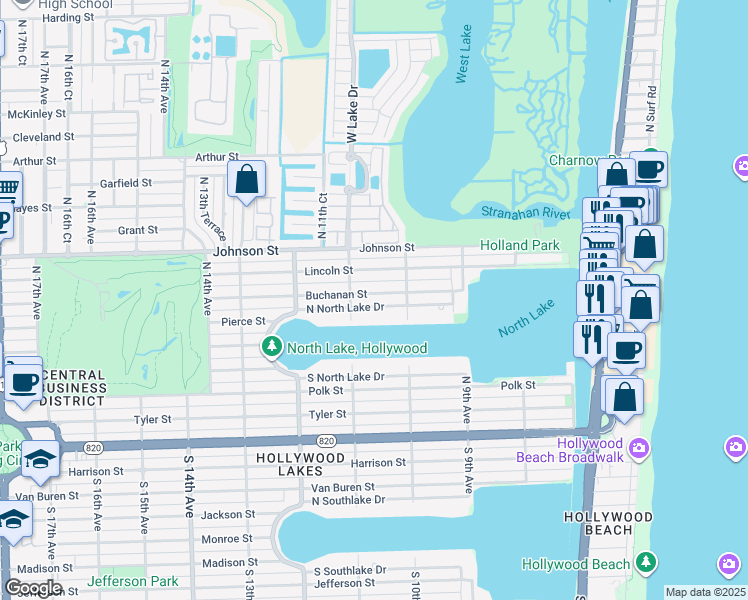 map of restaurants, bars, coffee shops, grocery stores, and more near 1039 North North Lake Drive in Hollywood