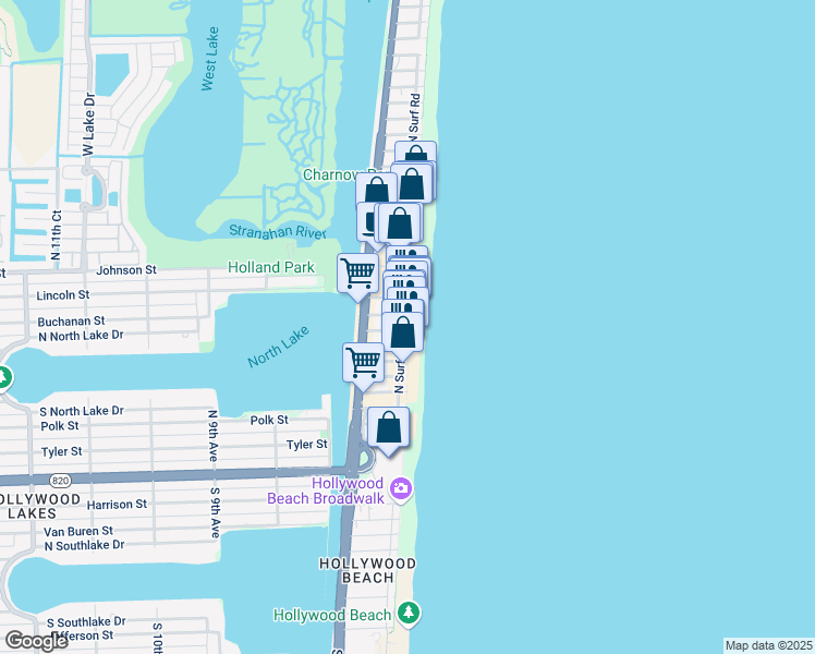 map of restaurants, bars, coffee shops, grocery stores, and more near 911 North Surf Road in Hollywood