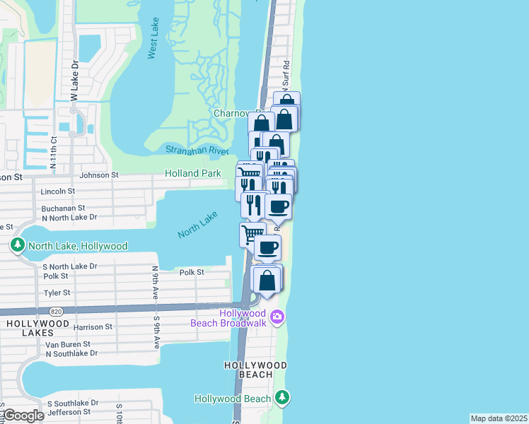 map of restaurants, bars, coffee shops, grocery stores, and more near 335 Indiana Street in Hollywood