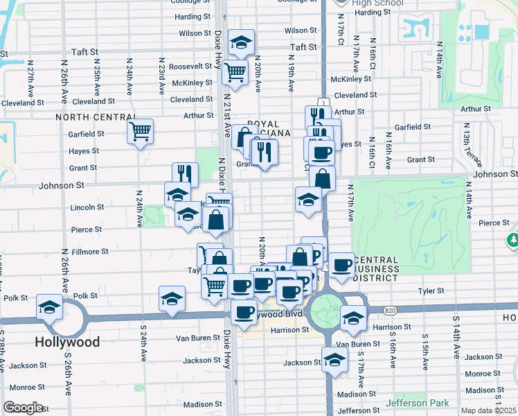 map of restaurants, bars, coffee shops, grocery stores, and more near 718 North 20th Court in Hollywood