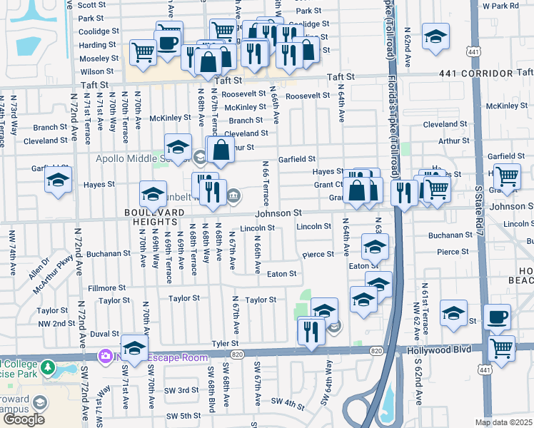 map of restaurants, bars, coffee shops, grocery stores, and more near 900 North 66th Avenue in Hollywood