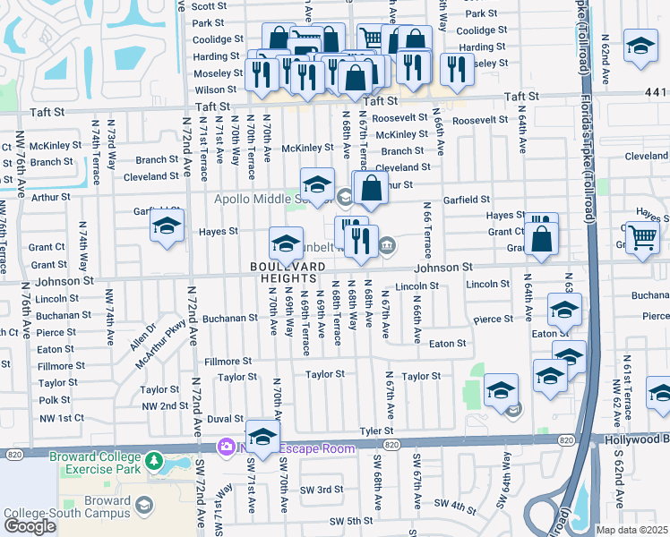 map of restaurants, bars, coffee shops, grocery stores, and more near 6819 Johnson Street in Hollywood
