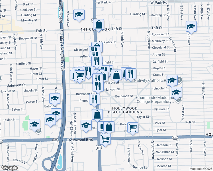 map of restaurants, bars, coffee shops, grocery stores, and more near 5910 Johnson Street in Hollywood