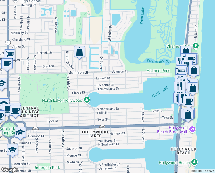 map of restaurants, bars, coffee shops, grocery stores, and more near 1100 Buchanan Street in Hollywood