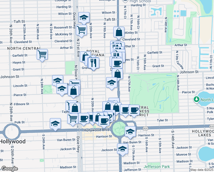 map of restaurants, bars, coffee shops, grocery stores, and more near 856 North 19th Avenue in Hollywood