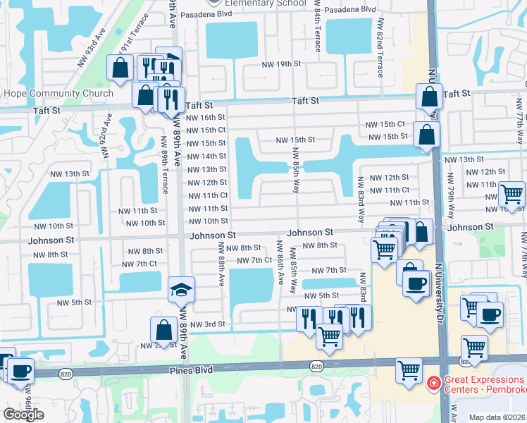 map of restaurants, bars, coffee shops, grocery stores, and more near 8640 Northwest 11th Street in Pembroke Pines