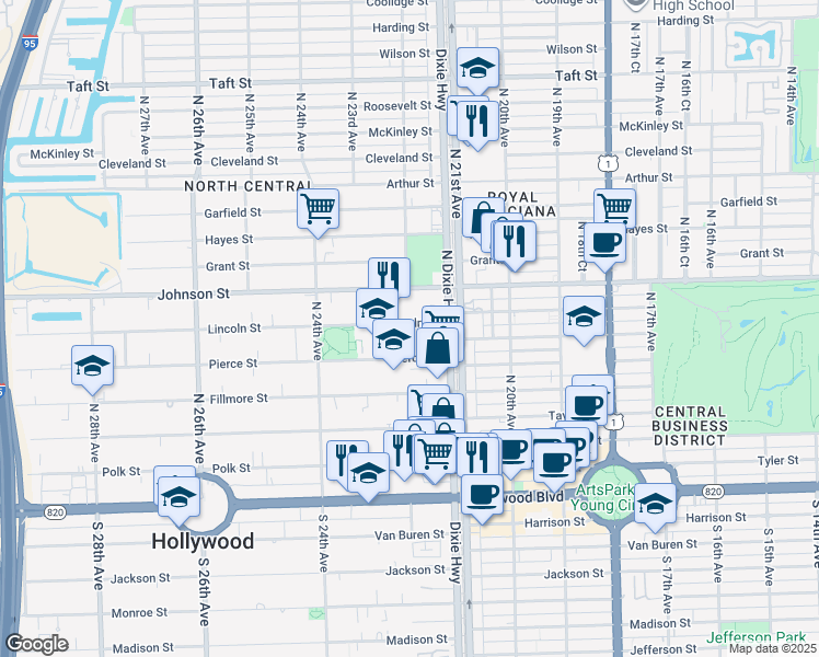 map of restaurants, bars, coffee shops, grocery stores, and more near 2144 Lincoln Street in Hollywood