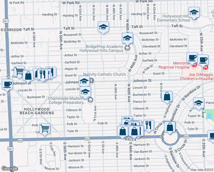 map of restaurants, bars, coffee shops, grocery stores, and more near 4911 Lincoln Street in Hollywood