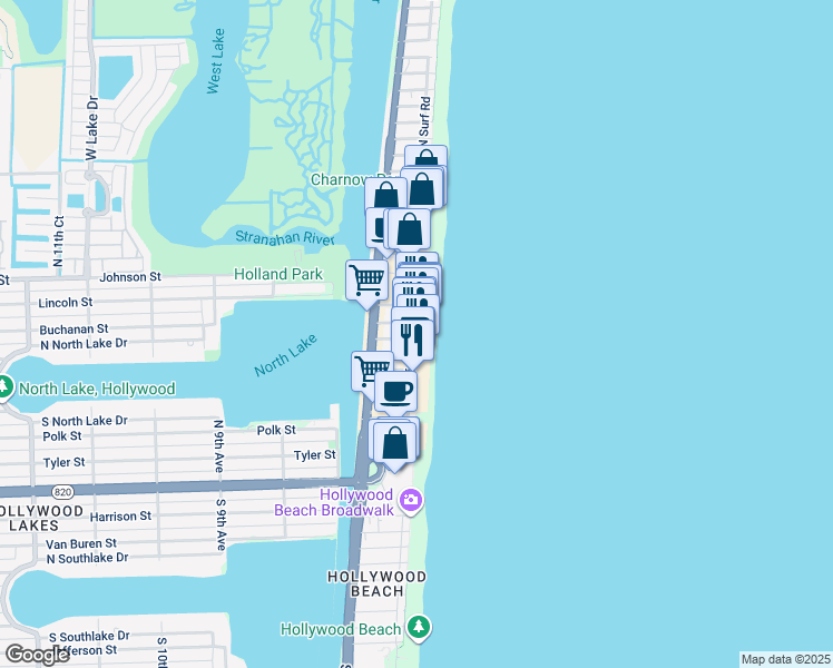 map of restaurants, bars, coffee shops, grocery stores, and more near 911 North Surf Road in Hollywood