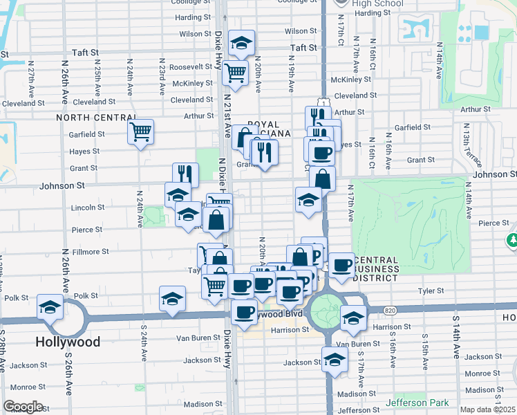 map of restaurants, bars, coffee shops, grocery stores, and more near 718 North 20th Court in Hollywood
