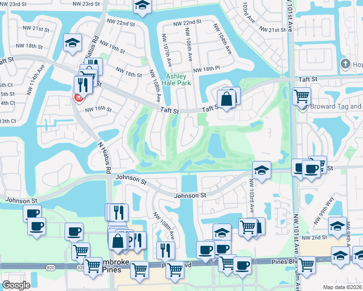 map of restaurants, bars, coffee shops, grocery stores, and more near 1420 West Sandpiper Circle in Pembroke Pines