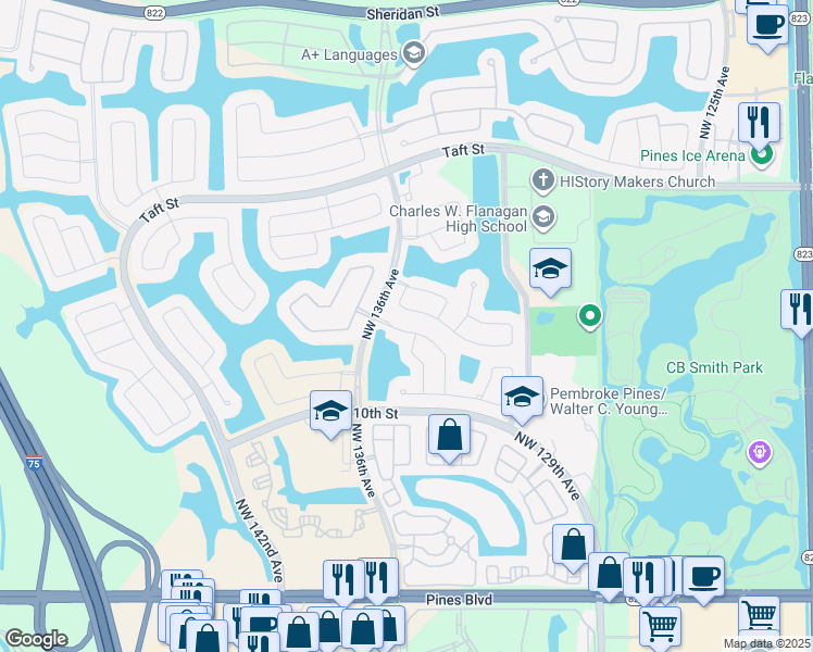 map of restaurants, bars, coffee shops, grocery stores, and more near 13435 Northwest 12th Street in Pembroke Pines