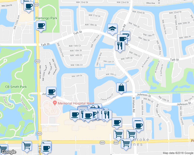 map of restaurants, bars, coffee shops, grocery stores, and more near 11396 Northwest 14th Court in Pembroke Pines