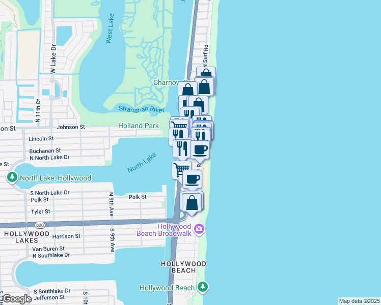 map of restaurants, bars, coffee shops, grocery stores, and more near 335 Indiana Street in Hollywood